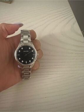 Bulova Silver-Tone Bracelet Watch with Black Dial and Crystal Markers